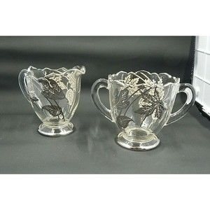 Silver City Glass Creamer and Sugar Forest Pattern Overlay